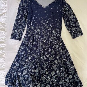 Blue Fit and Flare V-Neck Dress with Cuffed Sleeves